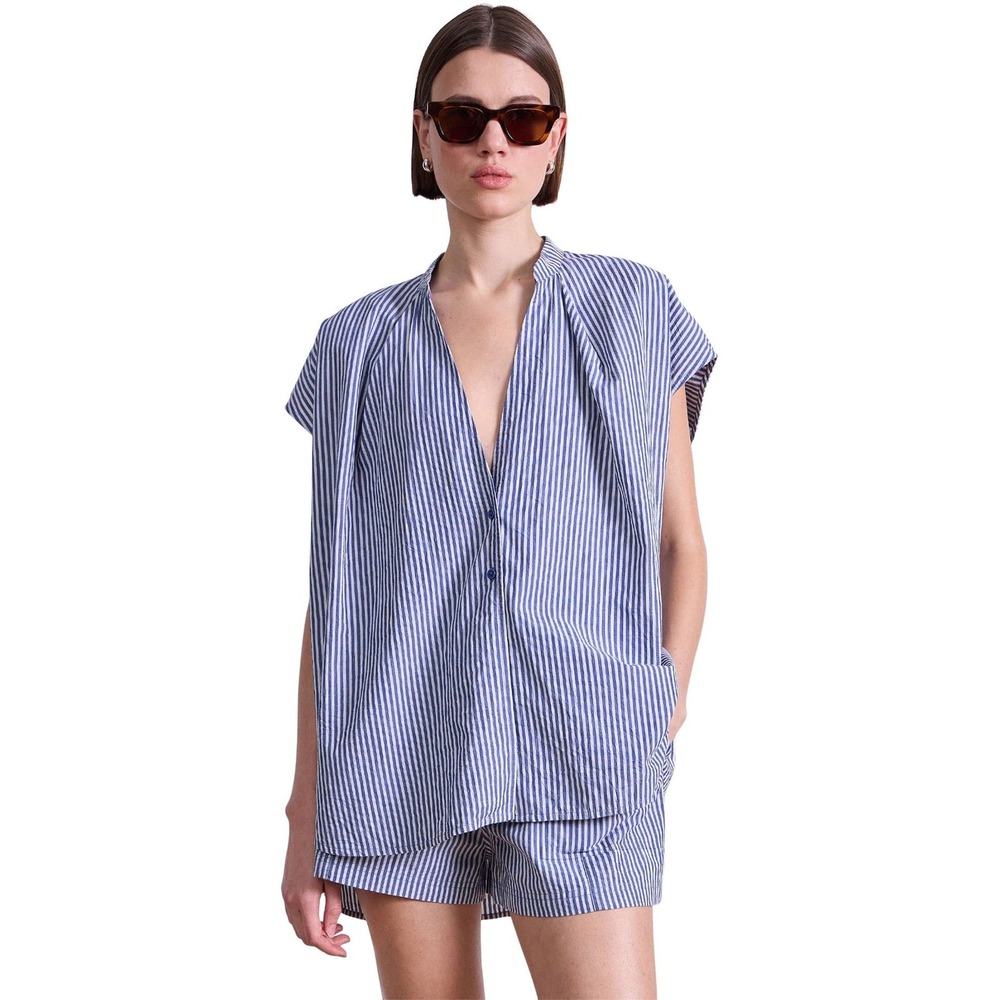 Apiece Apart Blue and White Striped Cap-Sleeve Blouse